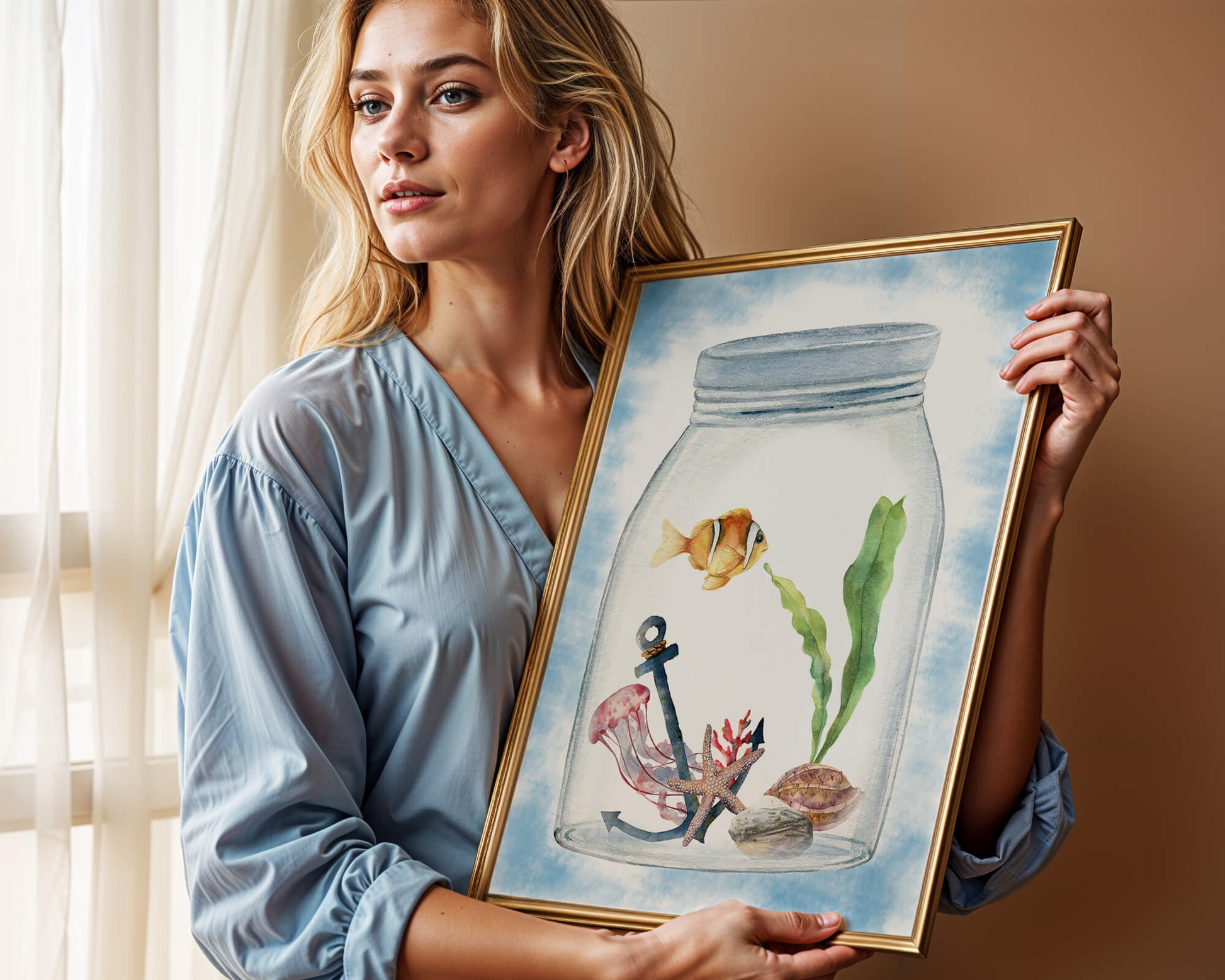 Watercolor illustration of marine life in a jar with a clownfish