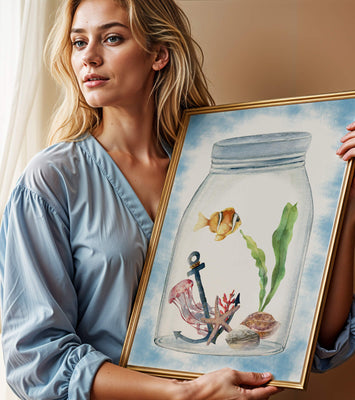 Watercolor illustration of marine life in a jar with a clownfish