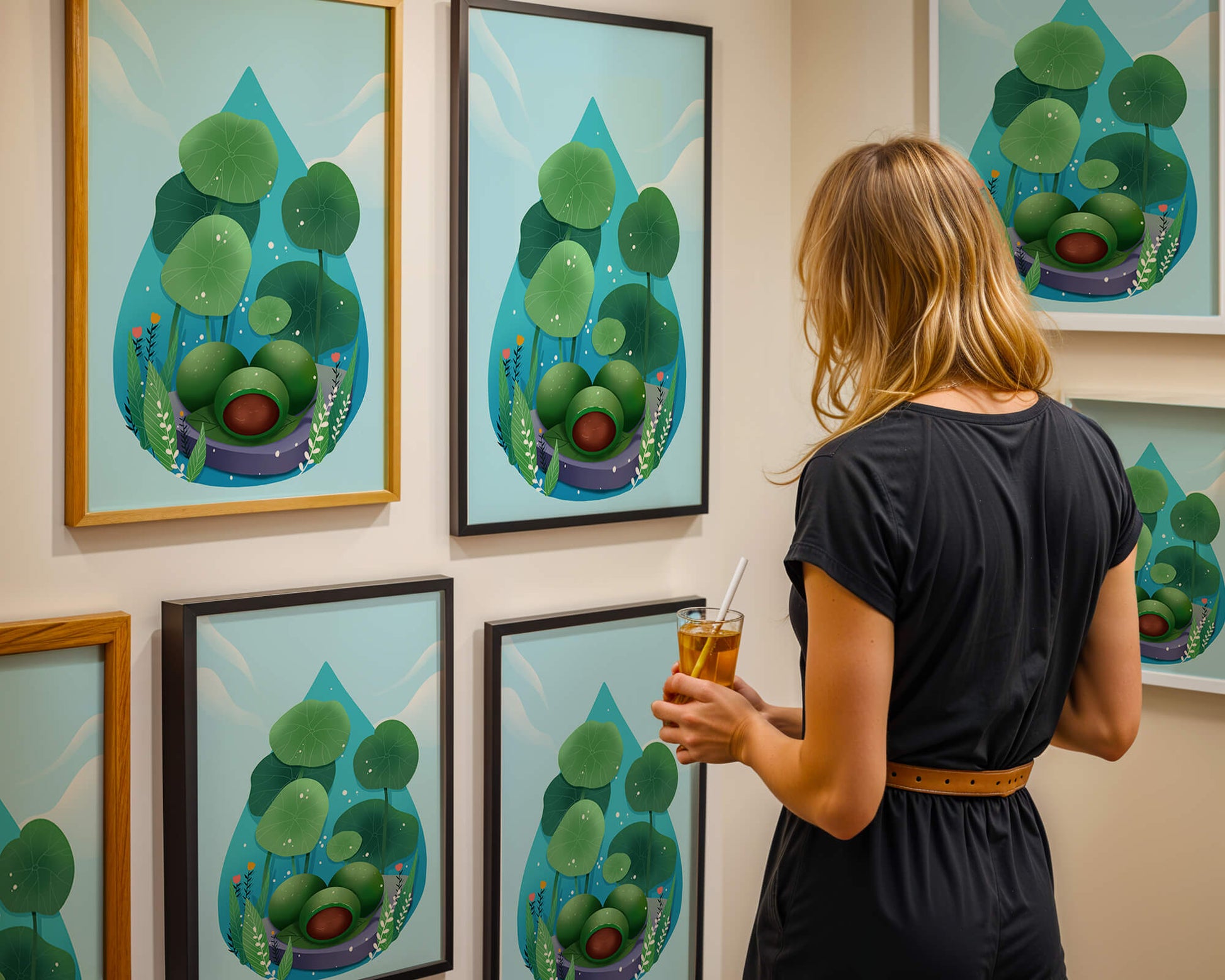 Nature-inspired abstract illustration with leaves and spheres