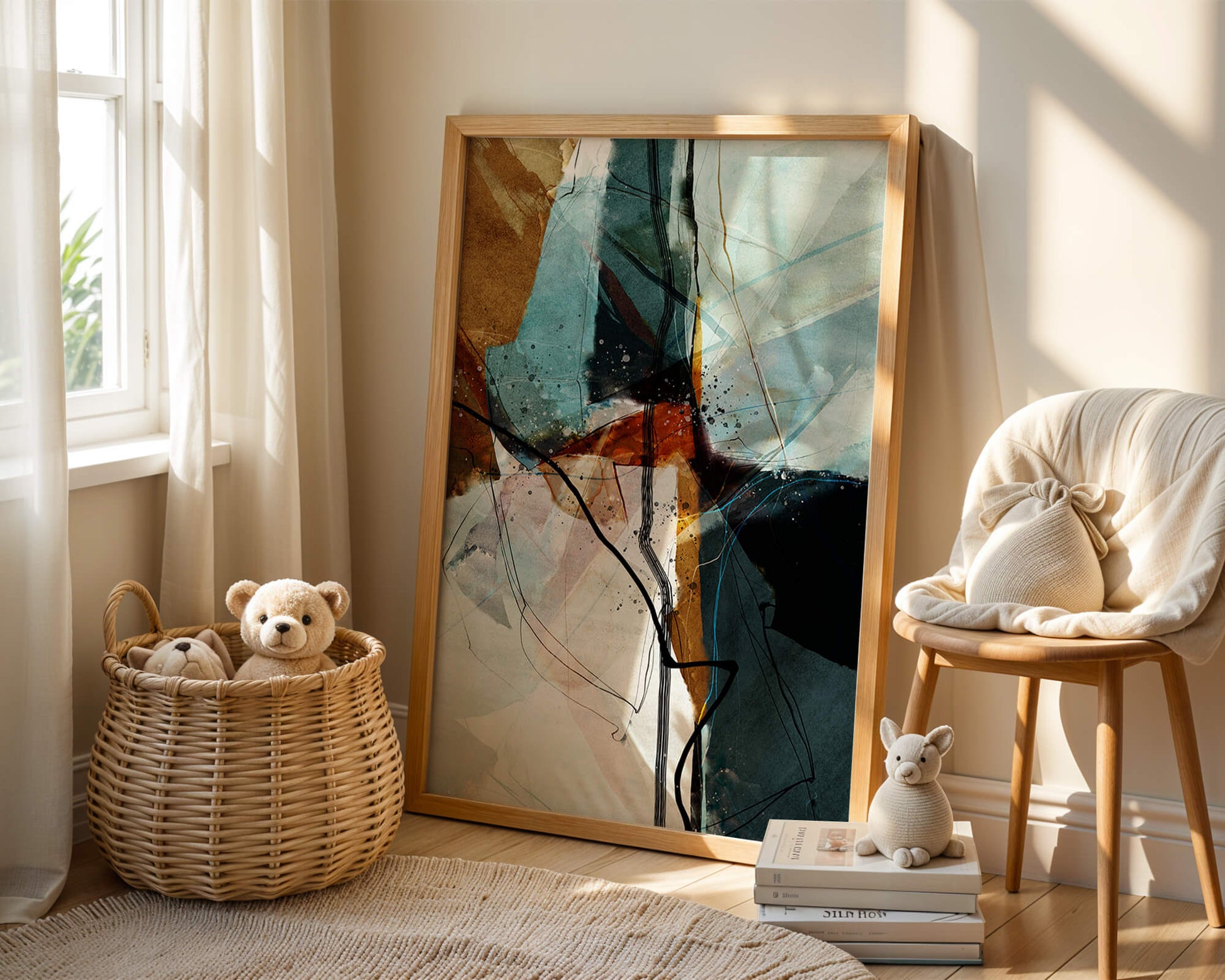 Abstract watercolor artwork with dynamic lines and colors