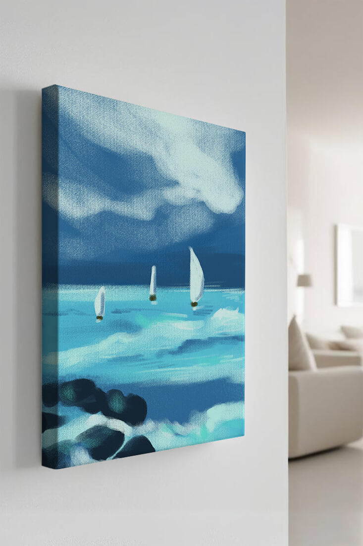 Seascape with sailboats navigating blue waves under a dramatic sky