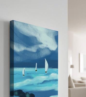 Seascape with sailboats navigating blue waves under a dramatic sky