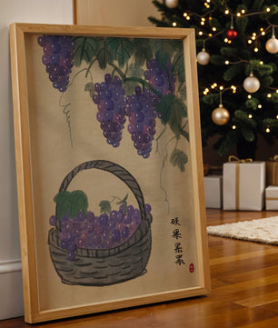Basket Of Grapes With Vine Leaves In Traditional Style