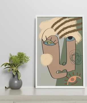 Retrato abstracto con formas geométricas y tonos terrosos