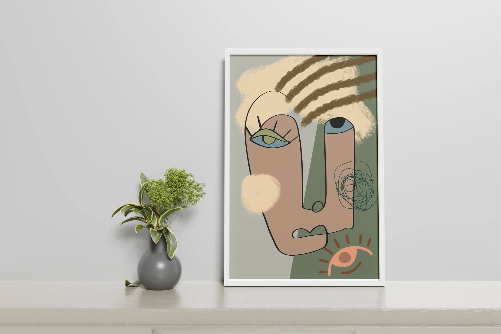 Retrato abstracto con formas geométricas y tonos terrosos.