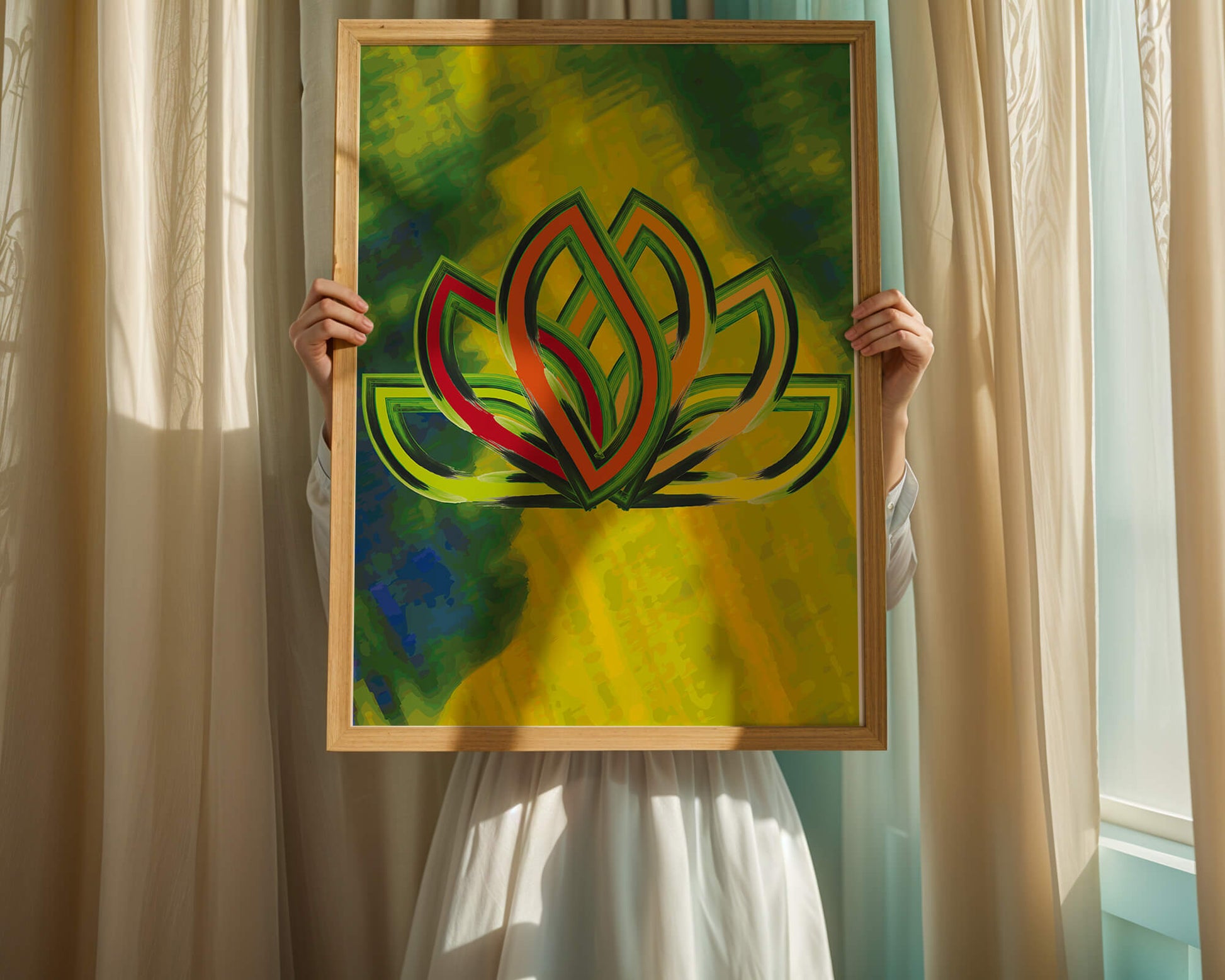 Diseño abstracto de loto con colores vivos y formas orgánicas