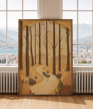 Serene autumn forest with river and boat in digital art scene