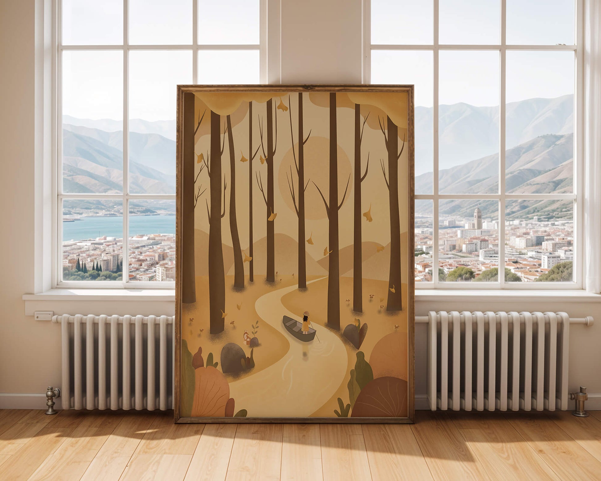 Serene autumn forest with river and boat in digital art scene