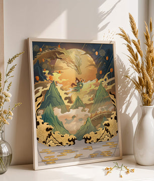 Mythical dragon and warrior painting with golden elements against a mountainous landscape