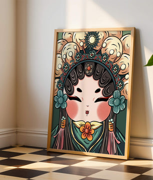 Ilustración encantadora de una muñeca china tradicional con tocado floral