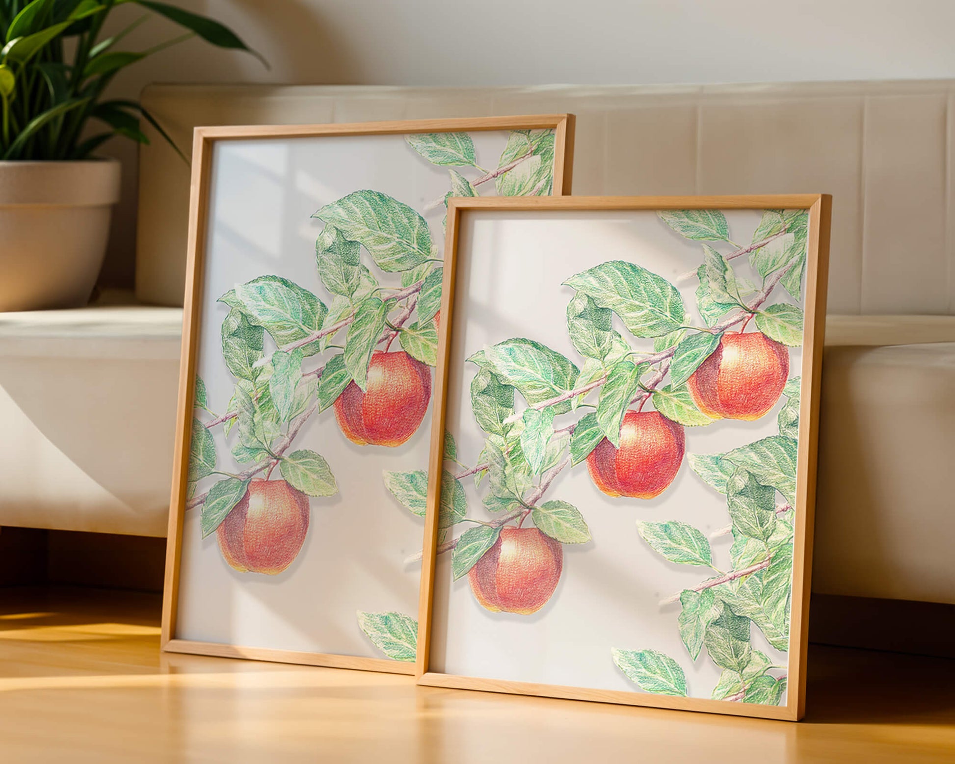 Illustration of Apples on a Tree Branch with Green Leaves