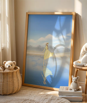 Woman in yellow dress standing on reflective water against clear sky