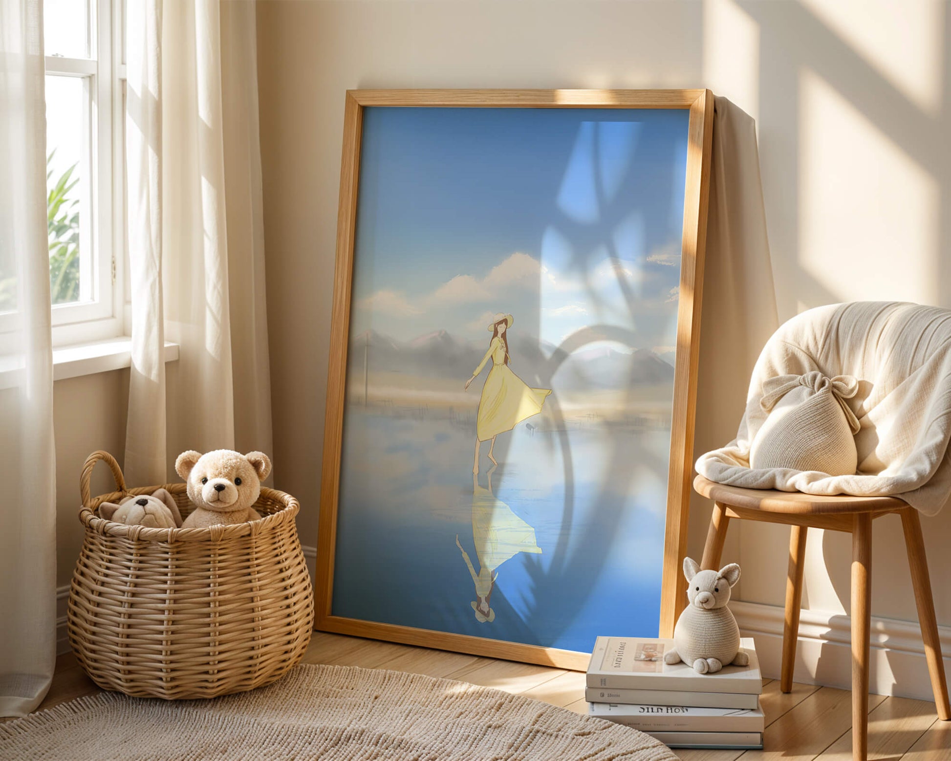 Woman in yellow dress standing on reflective water against clear sky