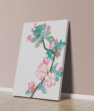 Rama delicada de cerezo en flor a la acuarela con hojas y flores vibrantes