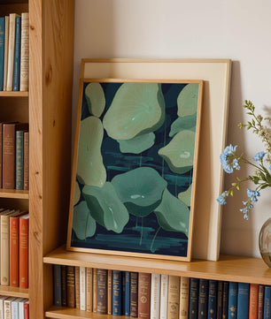 Green lily pads on a dark water background illustration