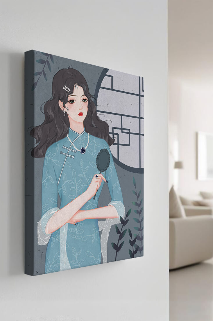 Elegant woman in traditional blue dress with intricate patterns