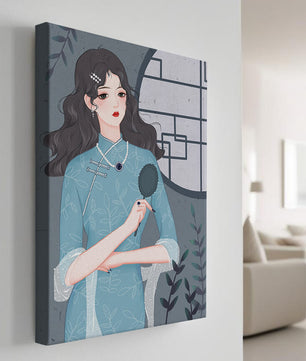 Elegant woman in traditional blue dress with intricate patterns