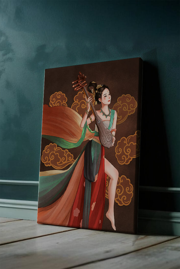 Elegant depiction of a woman playing a traditional string instrument with flowing garments and ornate background