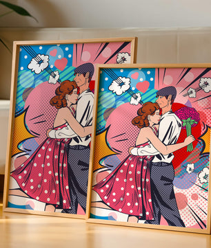 Pareja abrazándose en estilo pop art con un fondo colorido