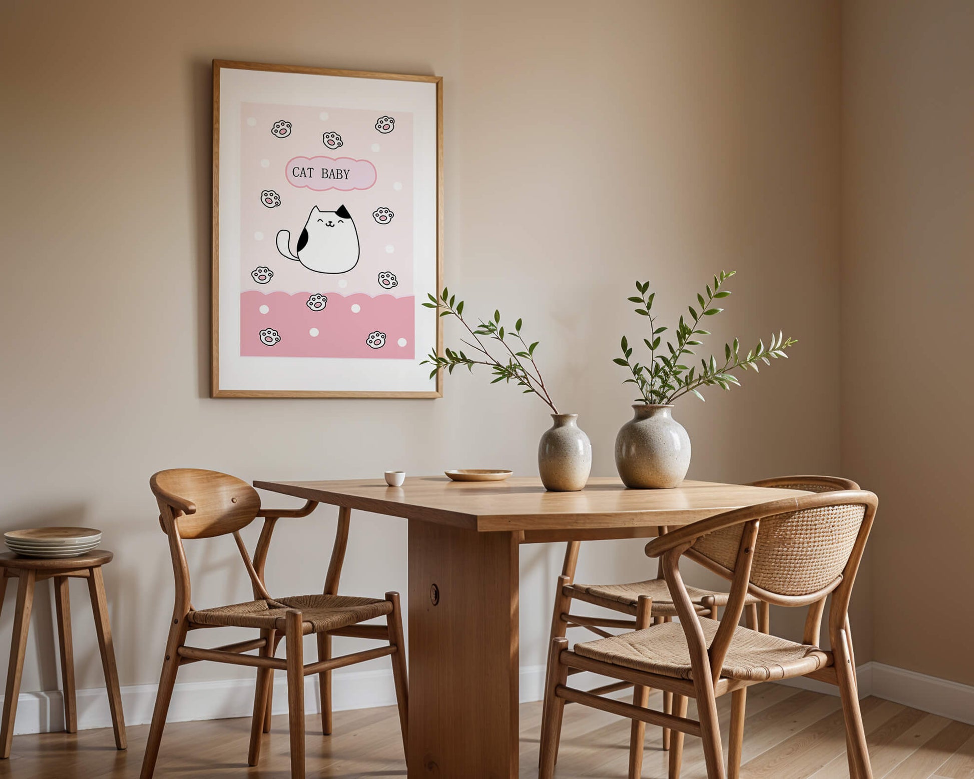 Adorable cat baby illustration with cute paw prints and polka dots