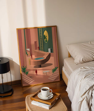 Modernes architektonisches Interieur mit geometrischem Design und Grün