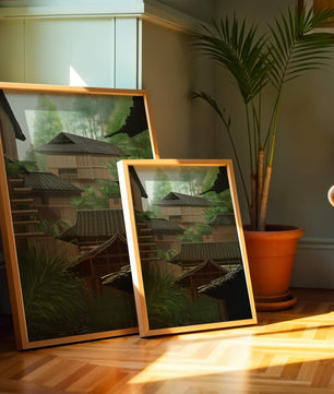 Traditional Japanese Architectural Scene with Lush Greenery