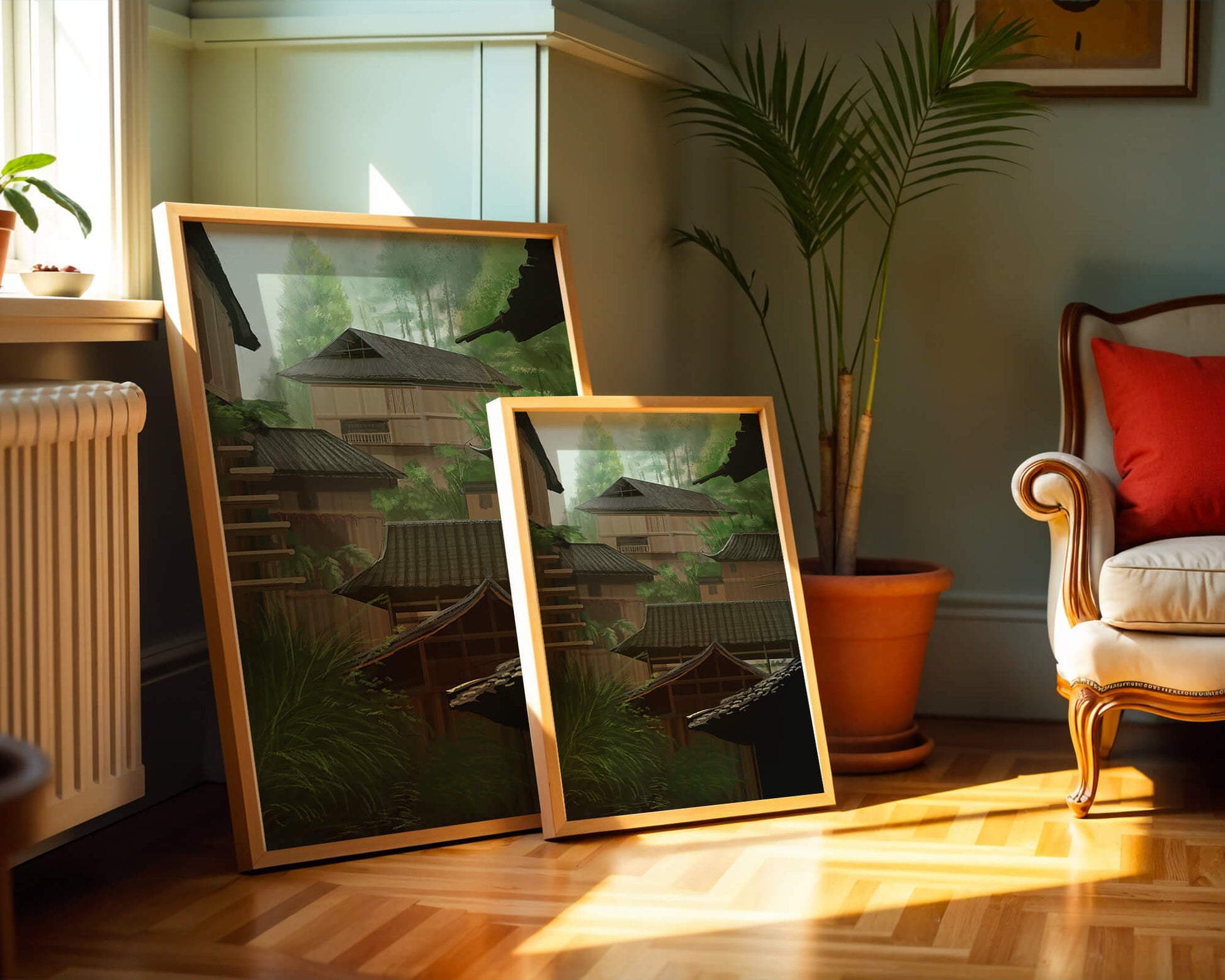 Traditional Japanese Architectural Scene with Lush Greenery