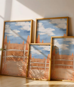Paisaje otoñal sereno con cerca de madera y cielo azul