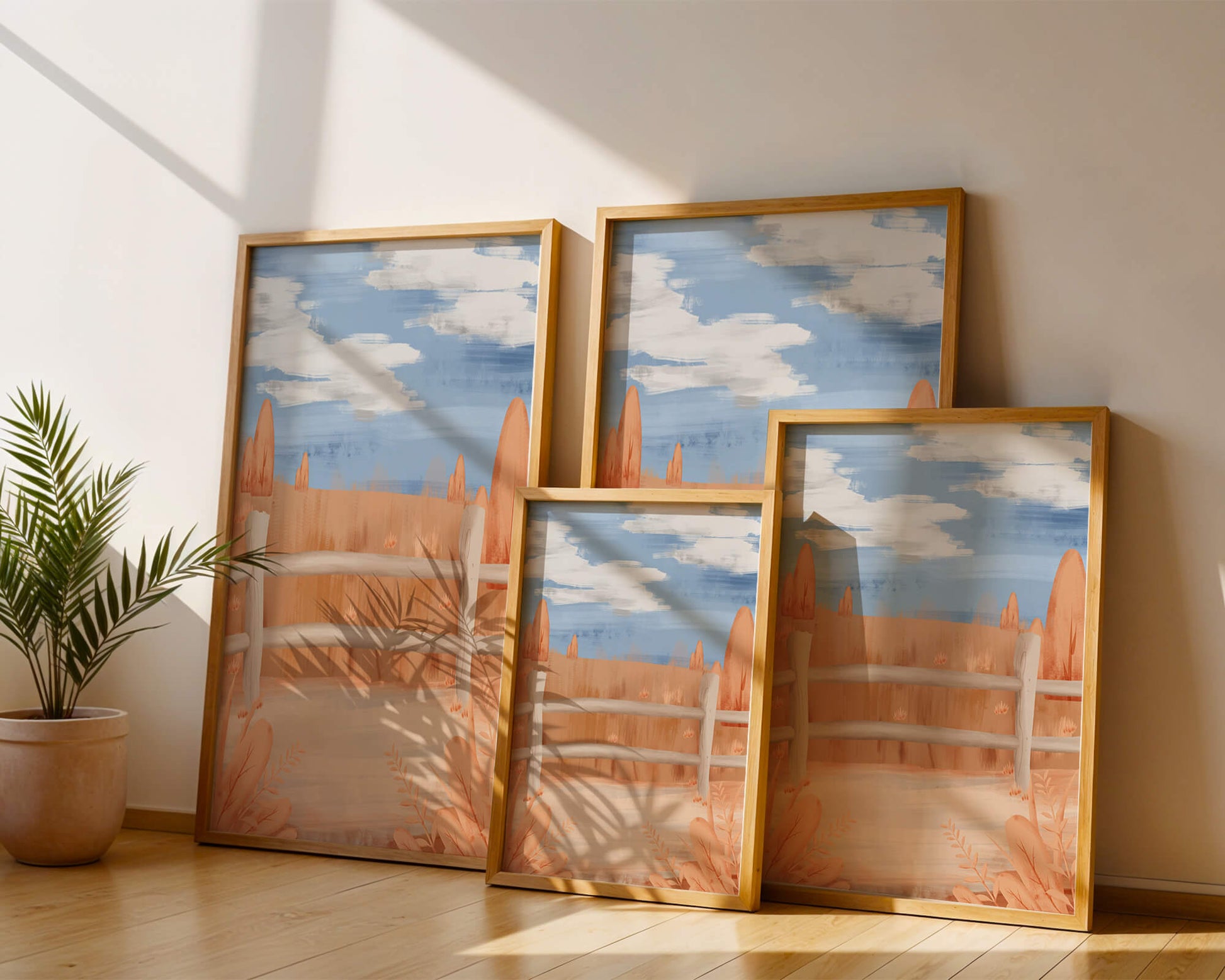 Paisaje otoñal sereno con cerca de madera y cielo azul