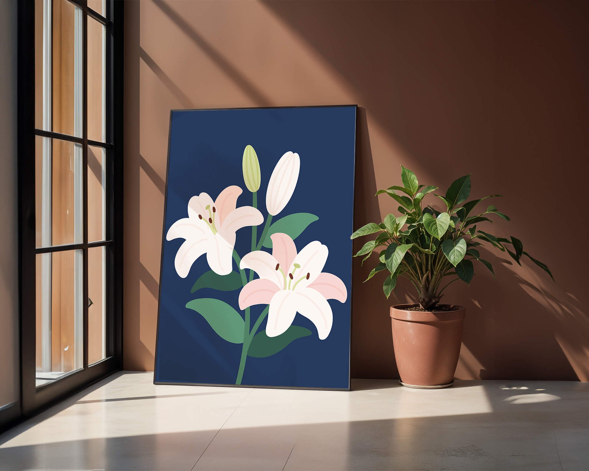 Lirios elegantes sobre un fondo azul oscuro