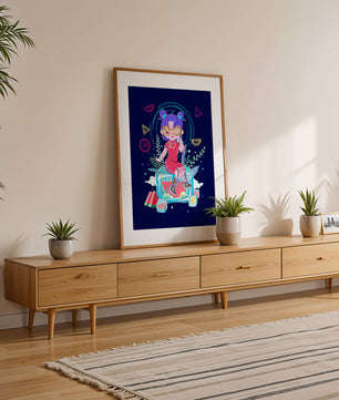 Personnage de dessin animé coloré avec des éléments futuristes