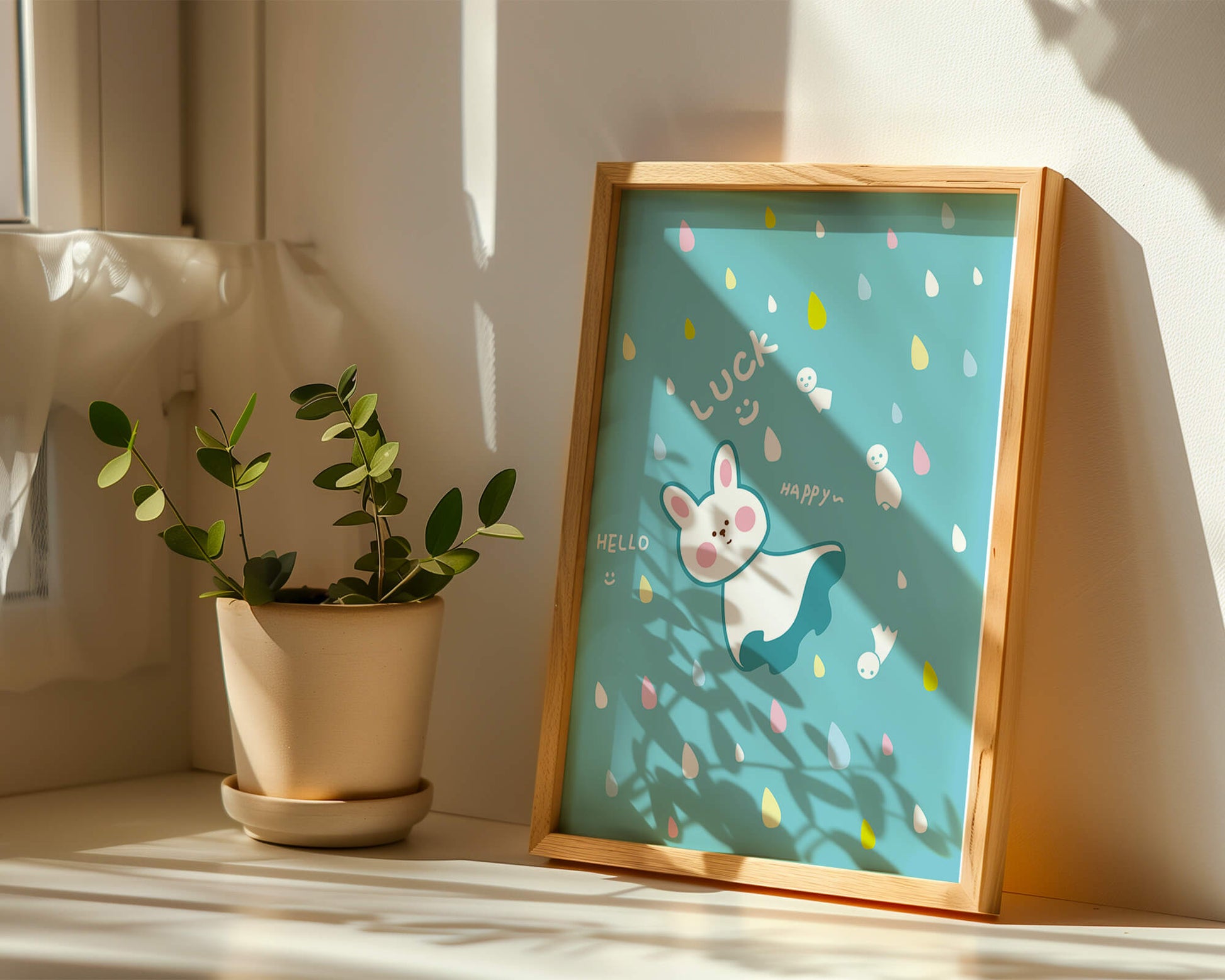 Adorable cartoon bunny with colorful drops on a blue background
