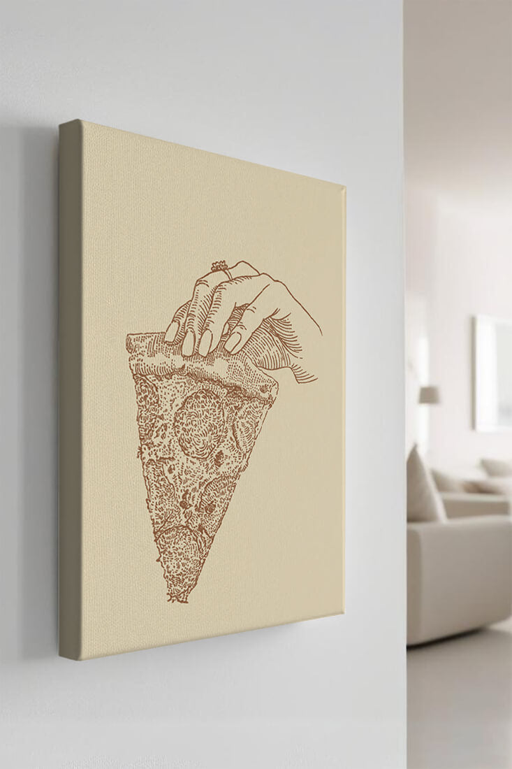Hand holding a detailed vintage pizza slice illustration