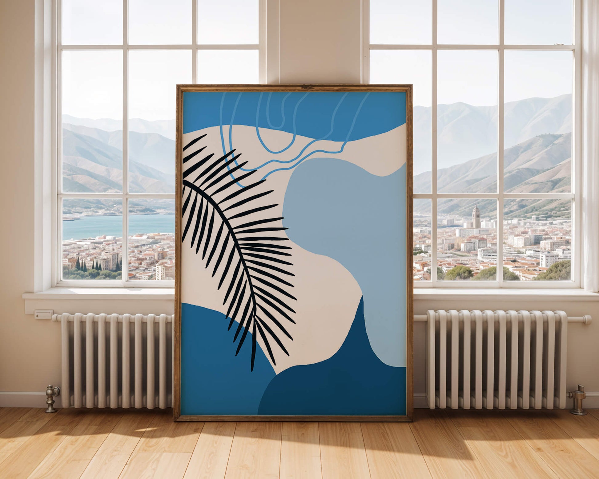 Hoja de palma abstracta sobre fondo azul con líneas fluidas