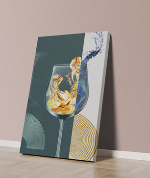 Fusión elegante de líquidos en una copa de vino con elementos dorados y azules