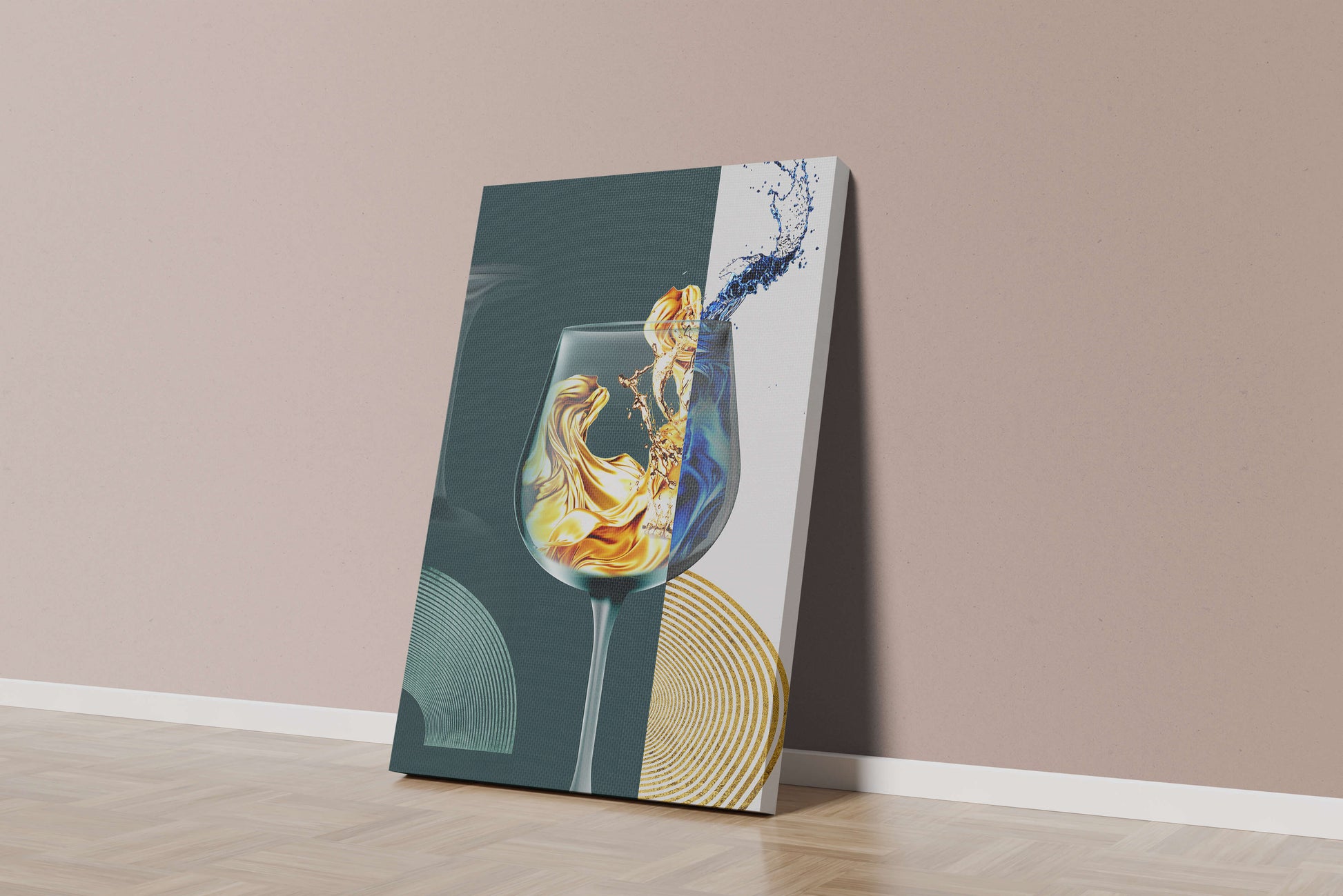 Fusión elegante de líquidos en una copa de vino con elementos dorados y azules