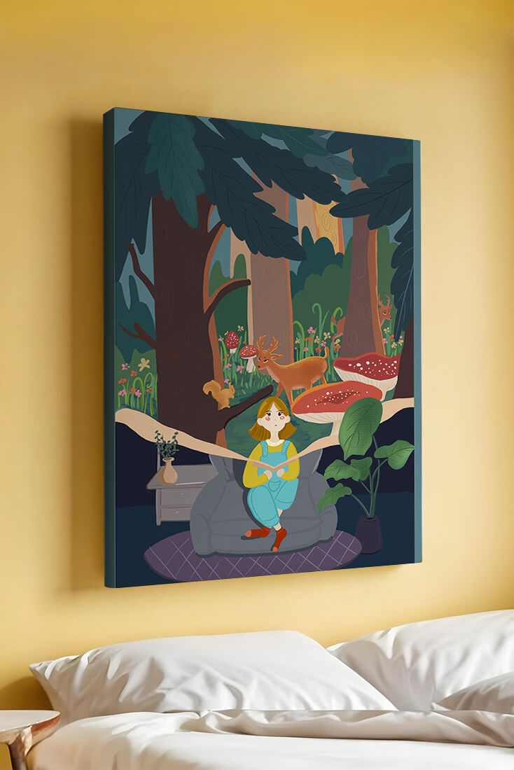 Figura femenina pacífica con criaturas del bosque y vegetación verde exuberante