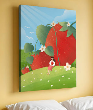 Paysage serein avec d'énormes fraises et une femme dans une prairie en fleurs