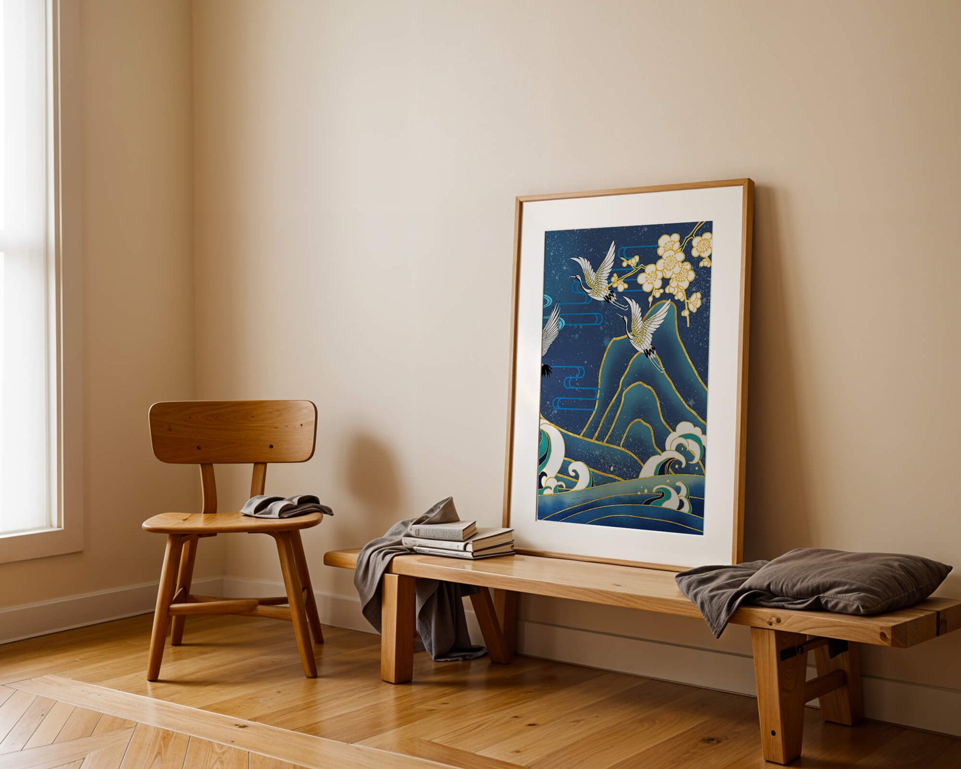 Elegant Cranes in Flight over Ocean Waves with Golden Accents and Blossoms