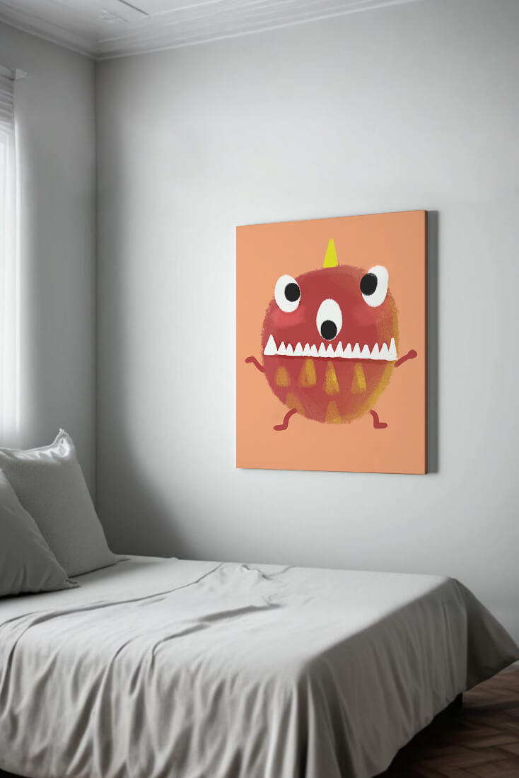 Monstruo colorido con rasgos geométricos y expresión lúdica.