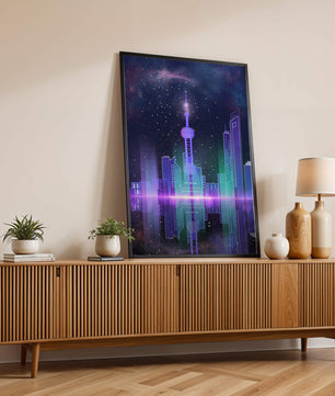 Futuristische Skyline mit leuchtenden Türmen unter sternenklarer Nacht