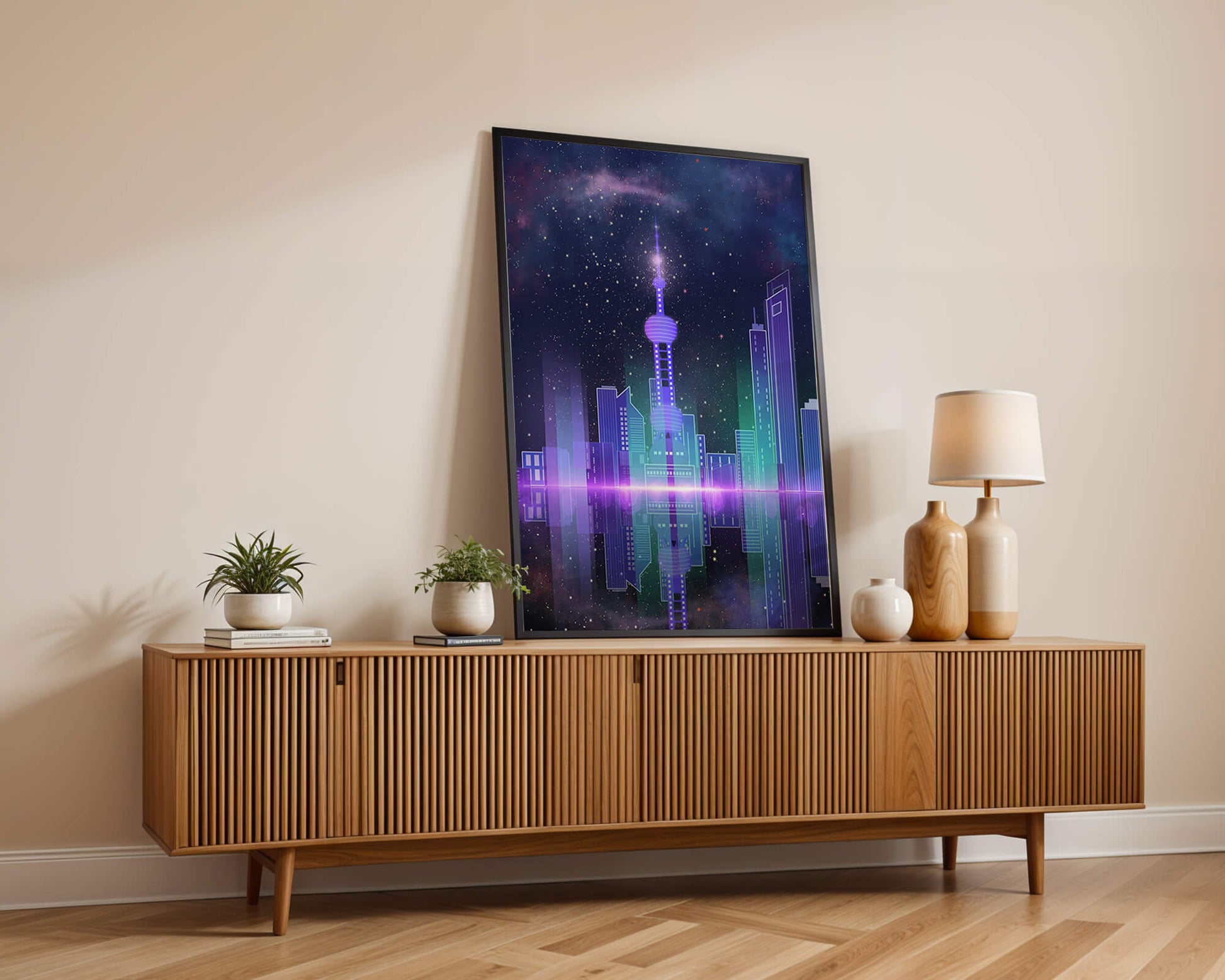 Futuristische Skyline mit leuchtenden Türmen unter sternenklarer Nacht