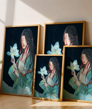 Elegant Woman Holding Glowing Lotus in Tranquil Nightscape