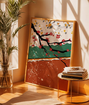 Artistic depiction of blossom branches with gold elements and abstract background