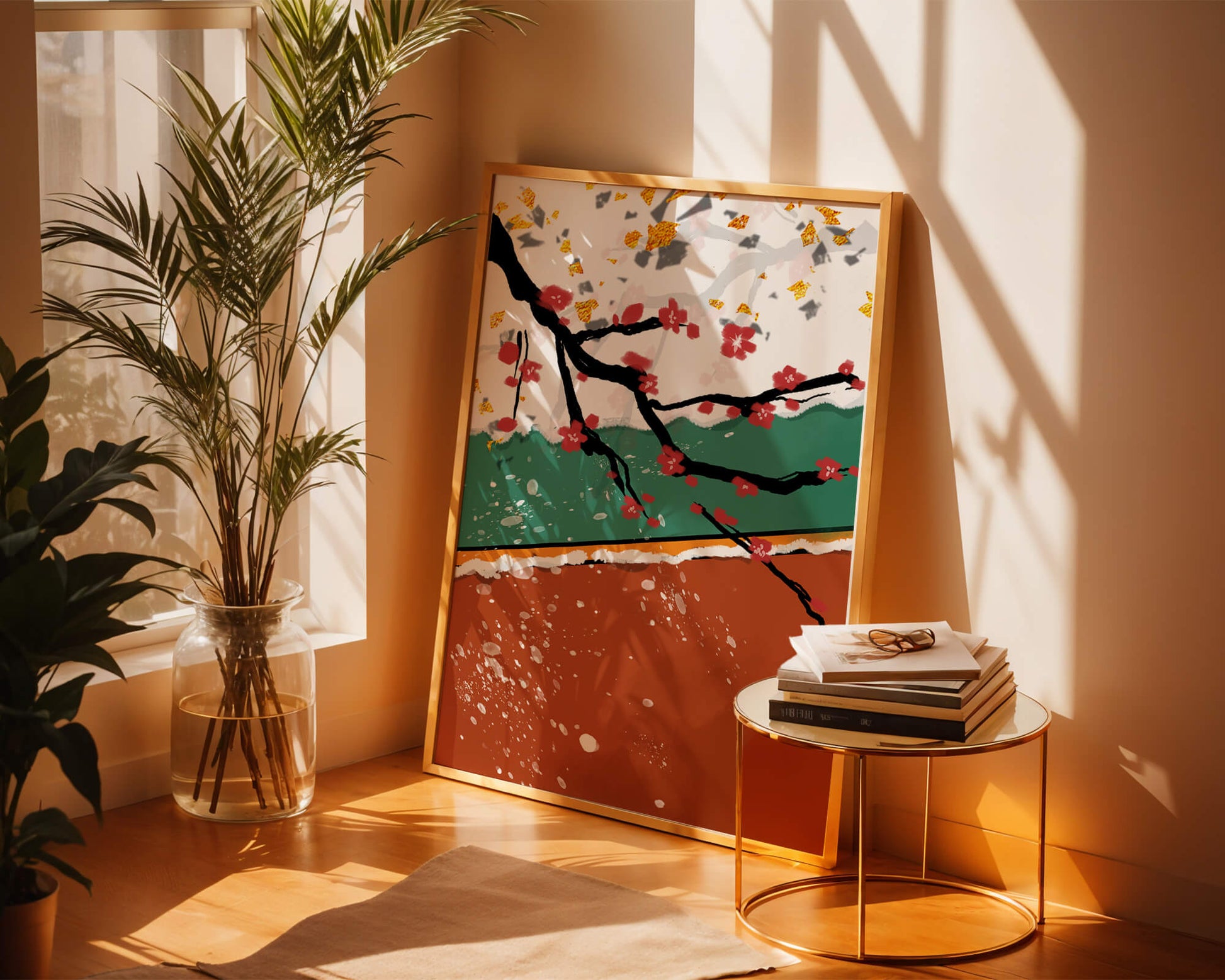 Artistic depiction of blossom branches with gold elements and abstract background