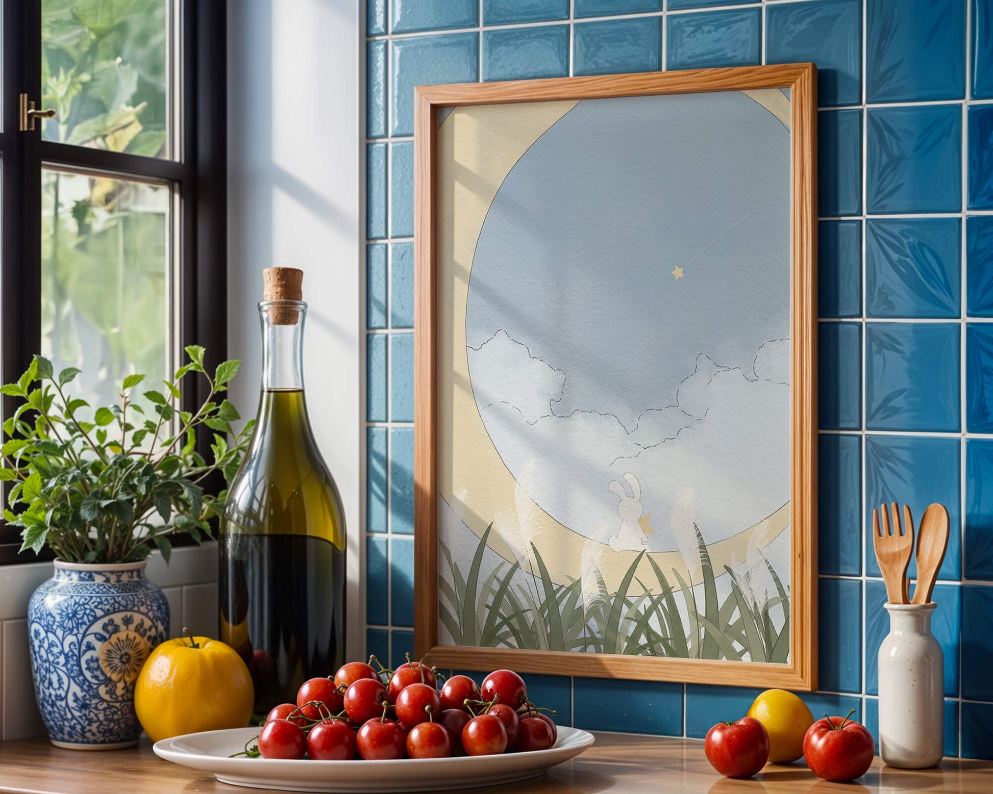 Dreamy Rabbit Sitting on Crescent Moon with Star and Clouds in Sky