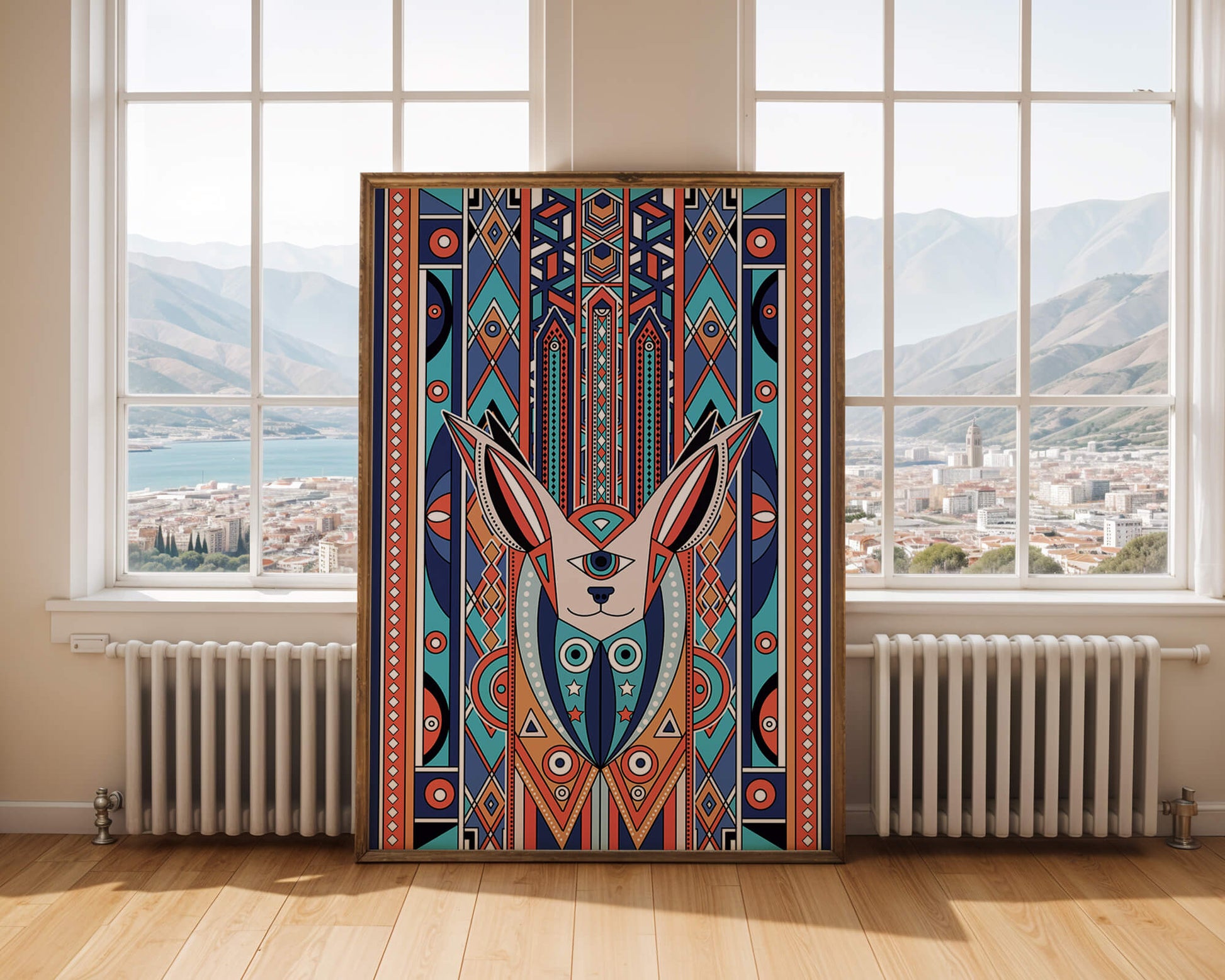 Diseño geométrico abstracto con motivo animal y patrones vibrantes