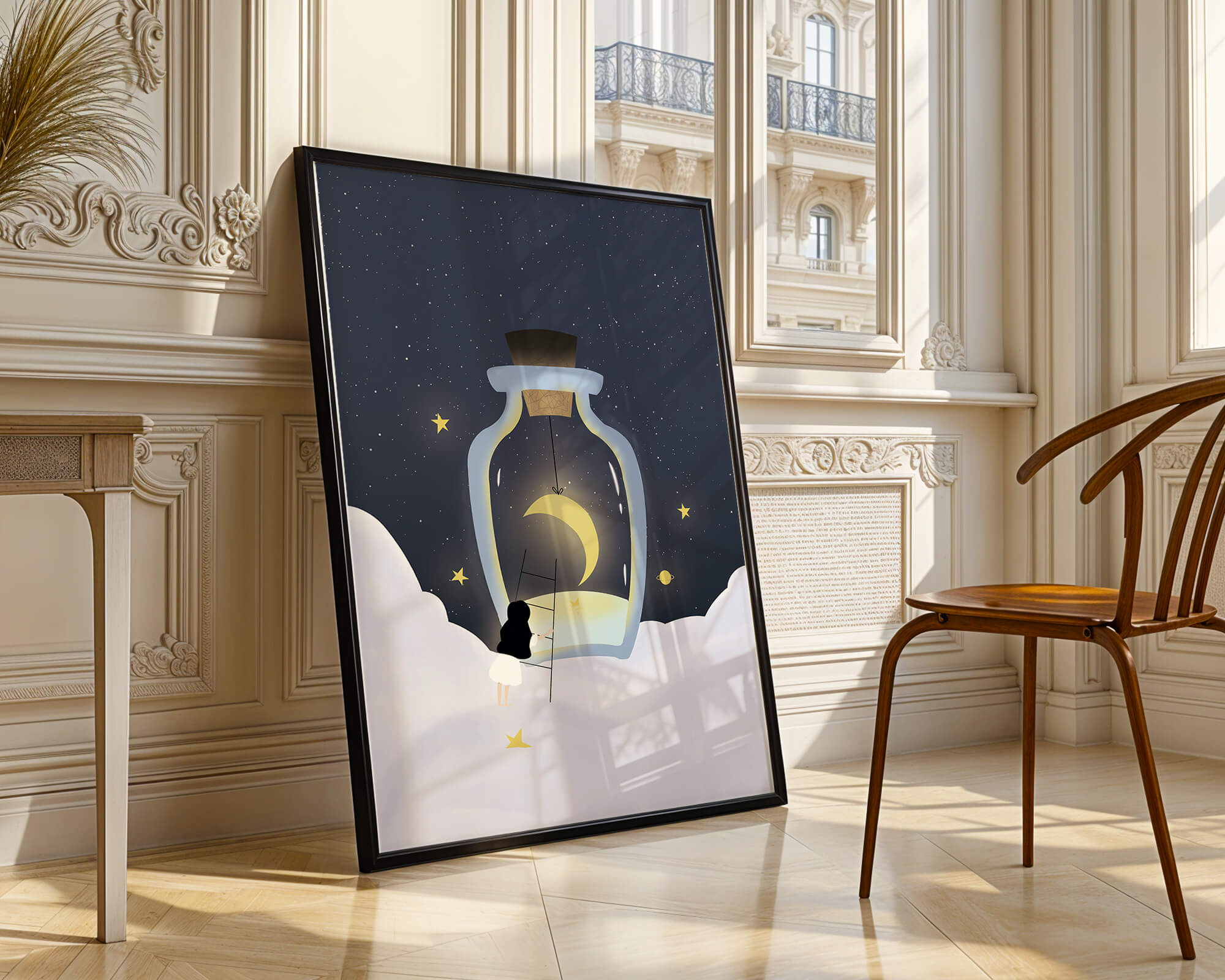 Fantasy Scene with Girl and Moon in a Bottle
