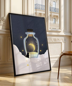 Fantasy Scene with Girl and Moon in a Bottle