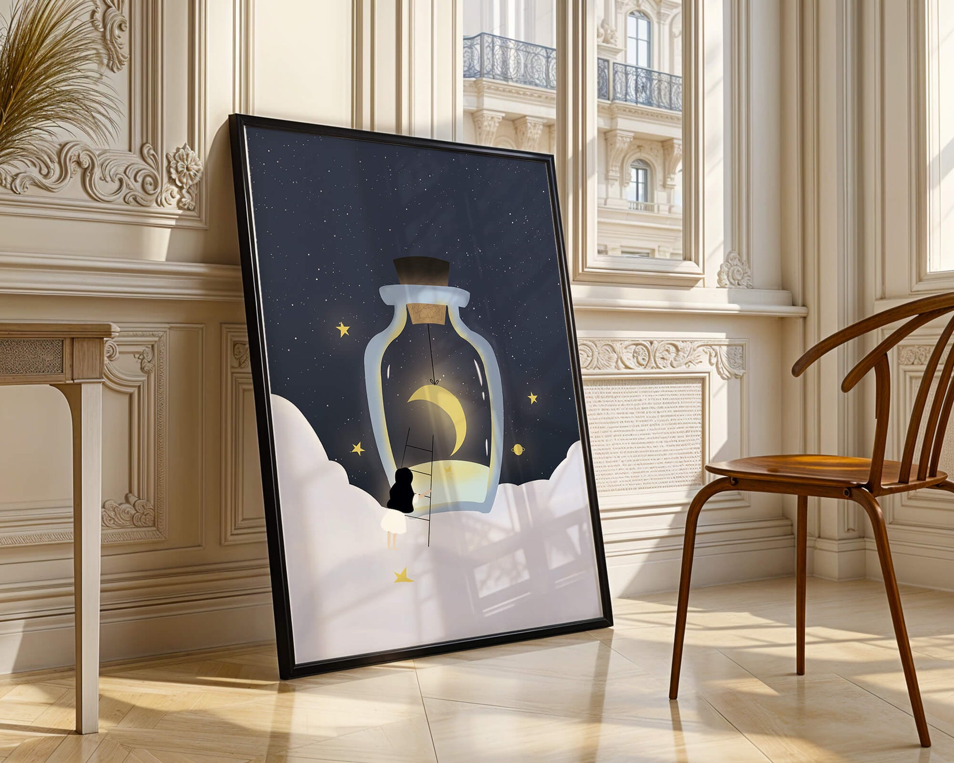 Fantasy Scene with Girl and Moon in a Bottle
